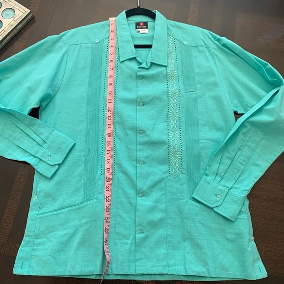 𝅺Guayabera Shirt Long Sleeve 100% Linen Teal NWOT - Picture 8 of 13